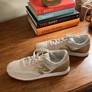 Super cute white, cream and gold New Balance sneakers